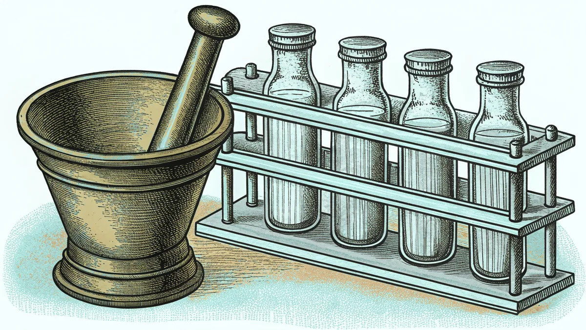 A brass mortar and pestle standing beside a wooden rack of corked glass bottles.
