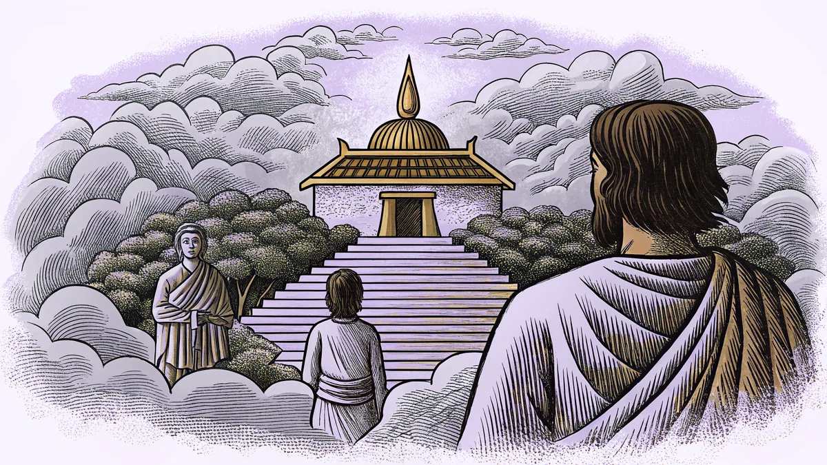 Divine entities preside over a sacred volcanic mountain shrouded in mist.