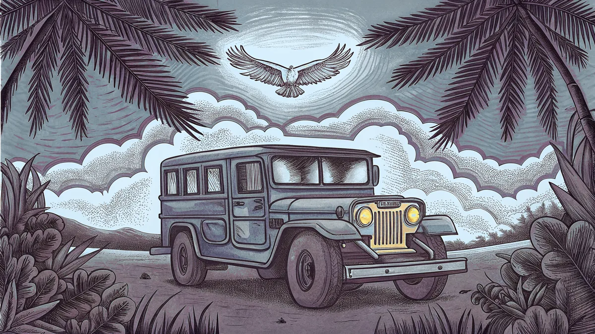A jeepney travels through islands with mountains and blue waters beneath a native eagle