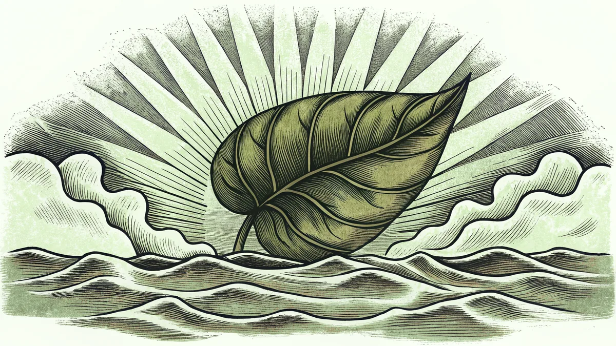 Bright green leaf bathed in sunlight with illustrated arrows indicating water and energy movement.