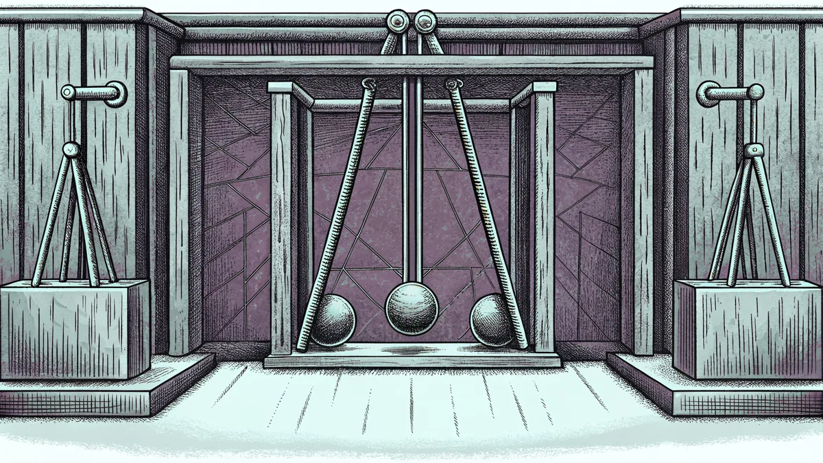 A pendulum swinging in a laboratory filled with scientific apparatus.