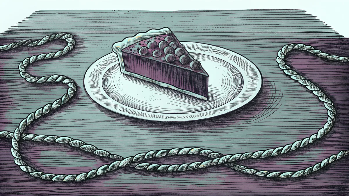 A single slice of pie on a plain plate beside a coil of braided rope.