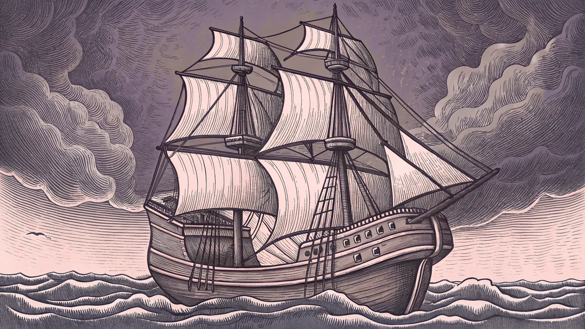 The Mayflower sails toward harbor carrying pilgrims across the Atlantic.