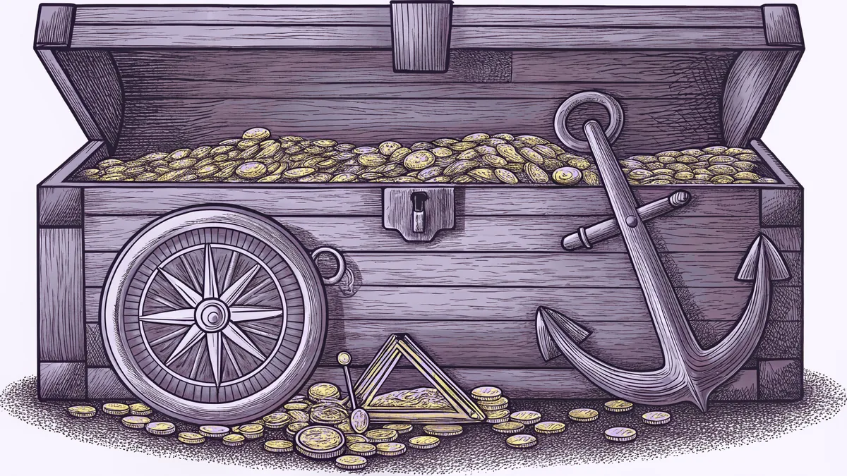A wooden treasure chest overflows with gold coins beside an anchor and compass.