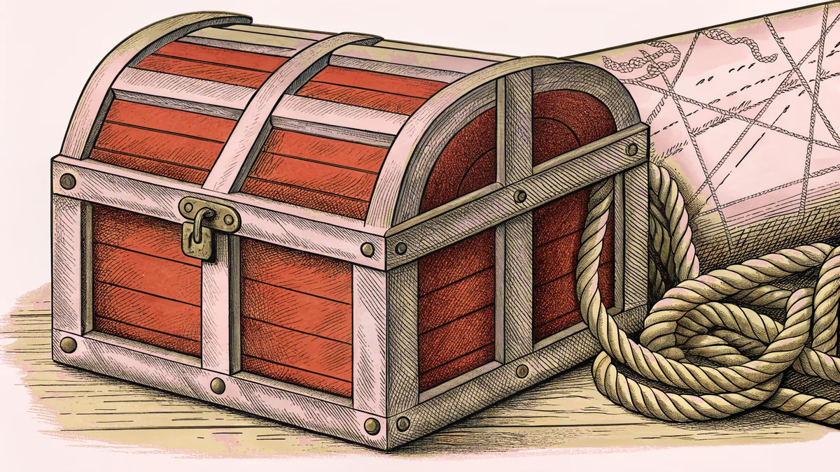 An ornate treasure chest sits among rope coils and a weathered map near wooden ship rigging elements.