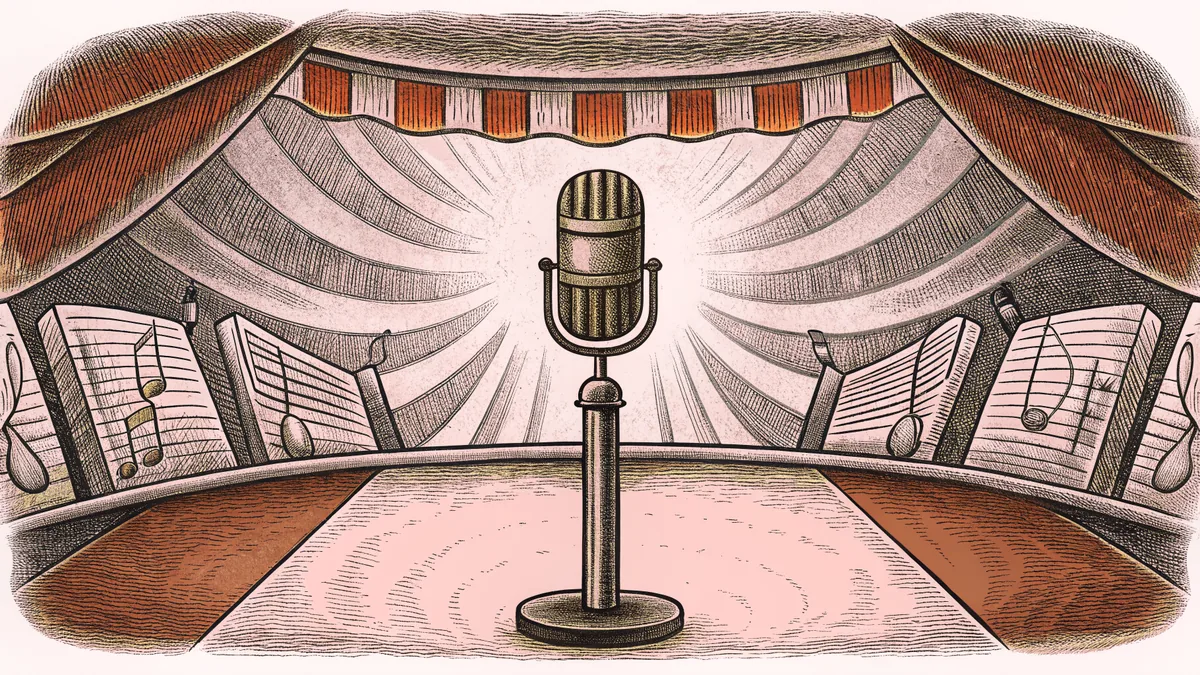 A stage microphone positioned on a stand with musical notes and theatrical lighting effects in the background.