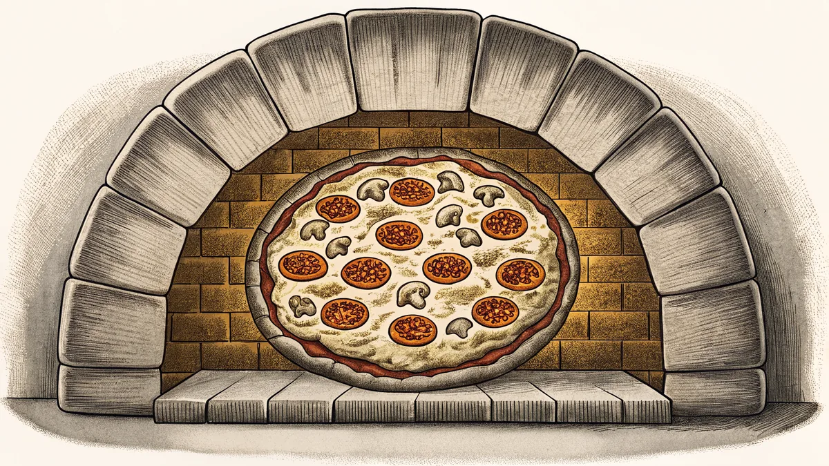 A bubbling pizza with pepperoni, vegetables, and melted cheese fresh from the oven.