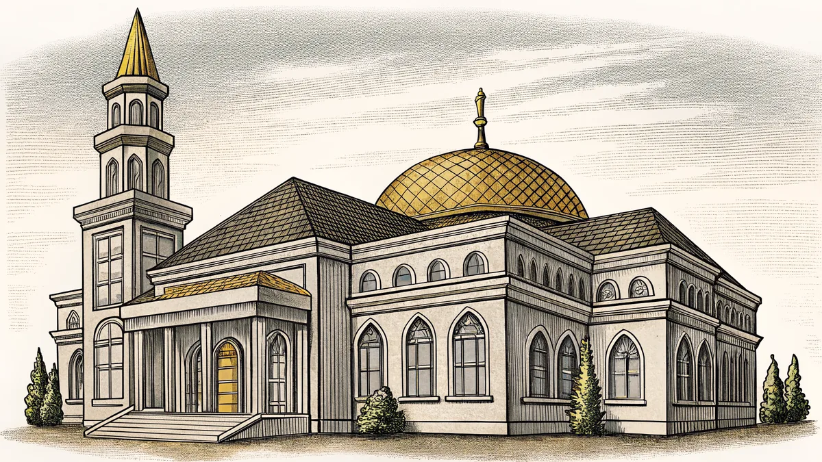 A mosque's minaret, a tiered pagoda roof, and a cathedral spire stand together against the sky.