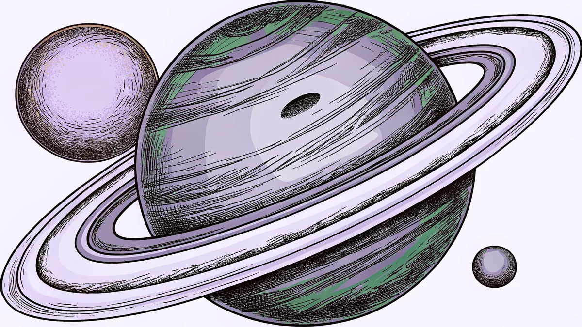 Saturn's rings frame cratered moons including Titan in a cosmic eclipse.