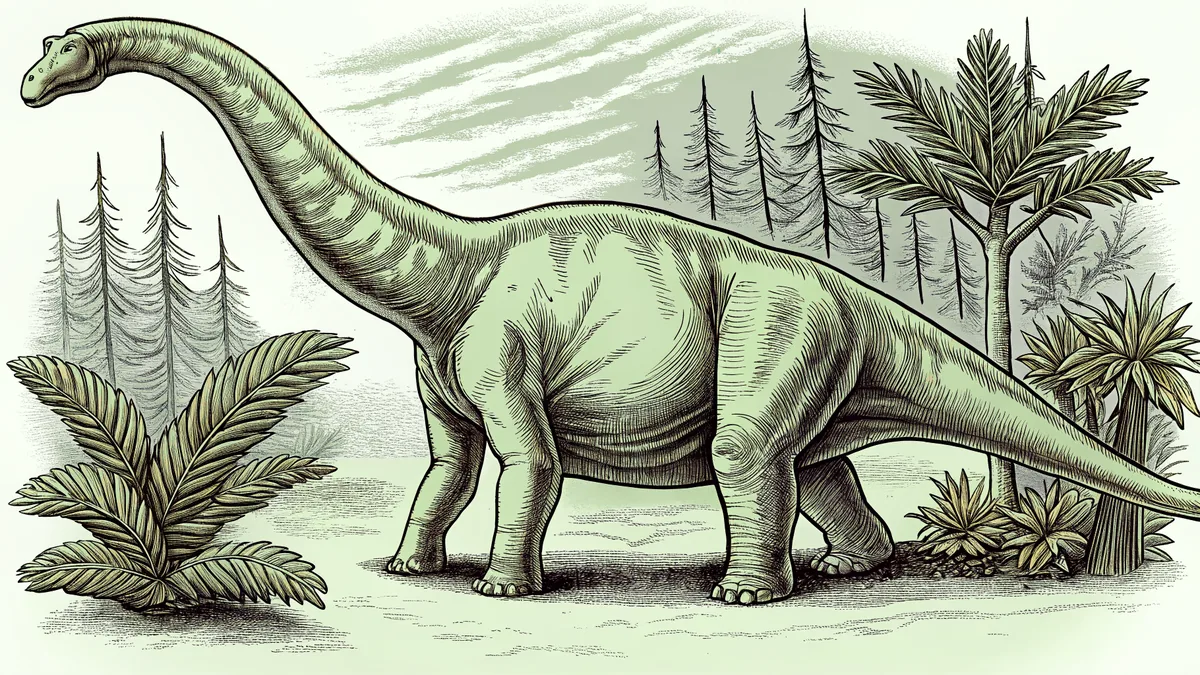 A long-necked dinosaur bends to eat ferns and cycad plants in a prehistoric forest.