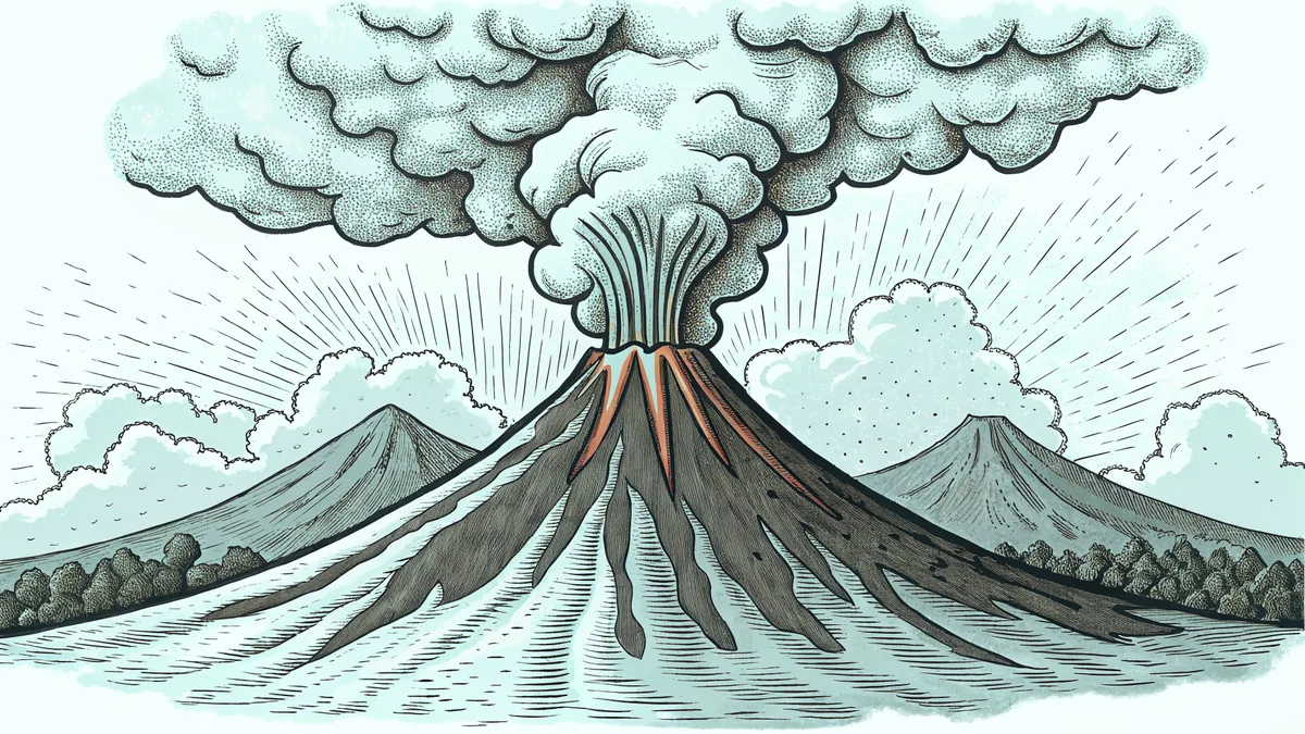 A ridge of cracked plates sits above glowing magma as a volcano erupts nearby.