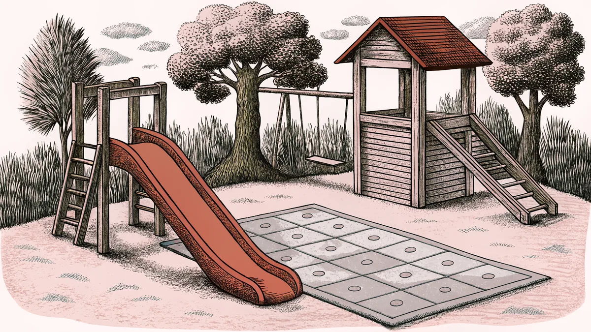 A red slide and wooden swing set stand in a sunny playground beside hopscotch.