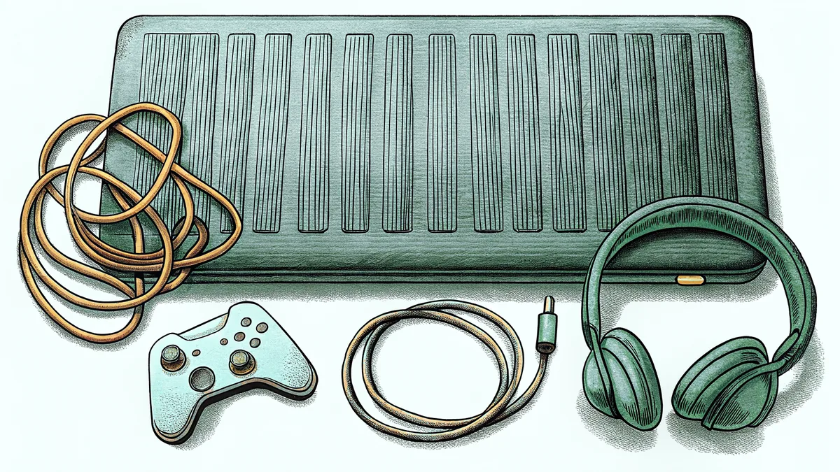 A slim black console with its controller, cables and headset alongside.