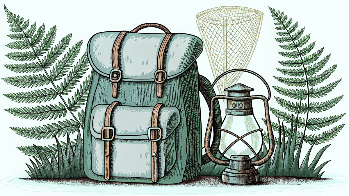 A explorer's backpack and lantern set among forest ferns with a butterfly net.