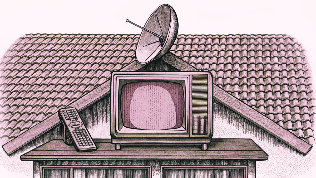 A boxy television with rabbit-ear antennae and a satellite dish sit together on a rooftop near a remote control.