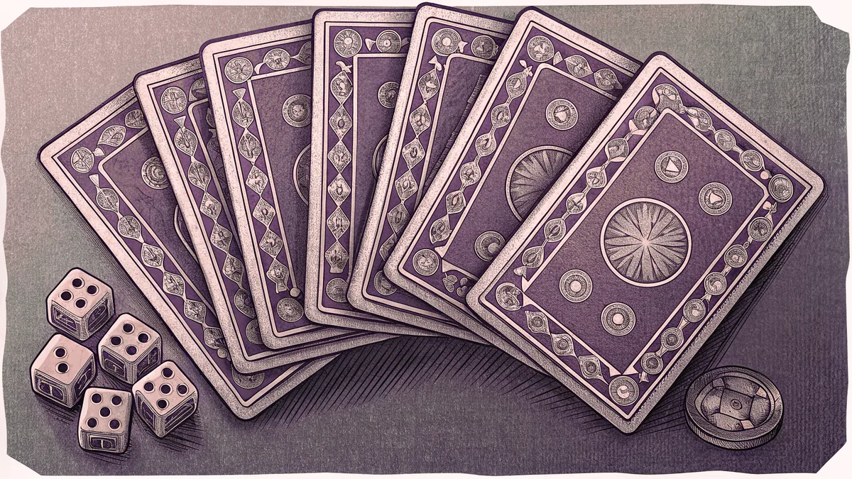 Playing cards and poker chips sit on a green felt surface with dice nearby.