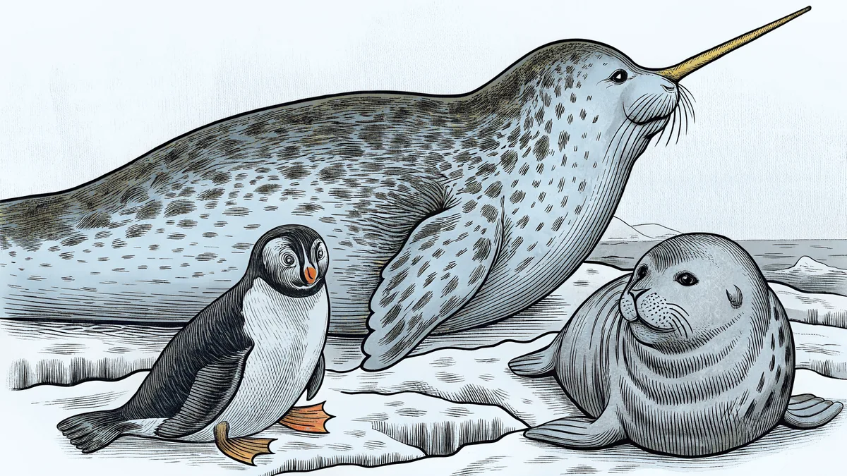 A narwhal, puffin, and seal gather on snowy arctic ice.
