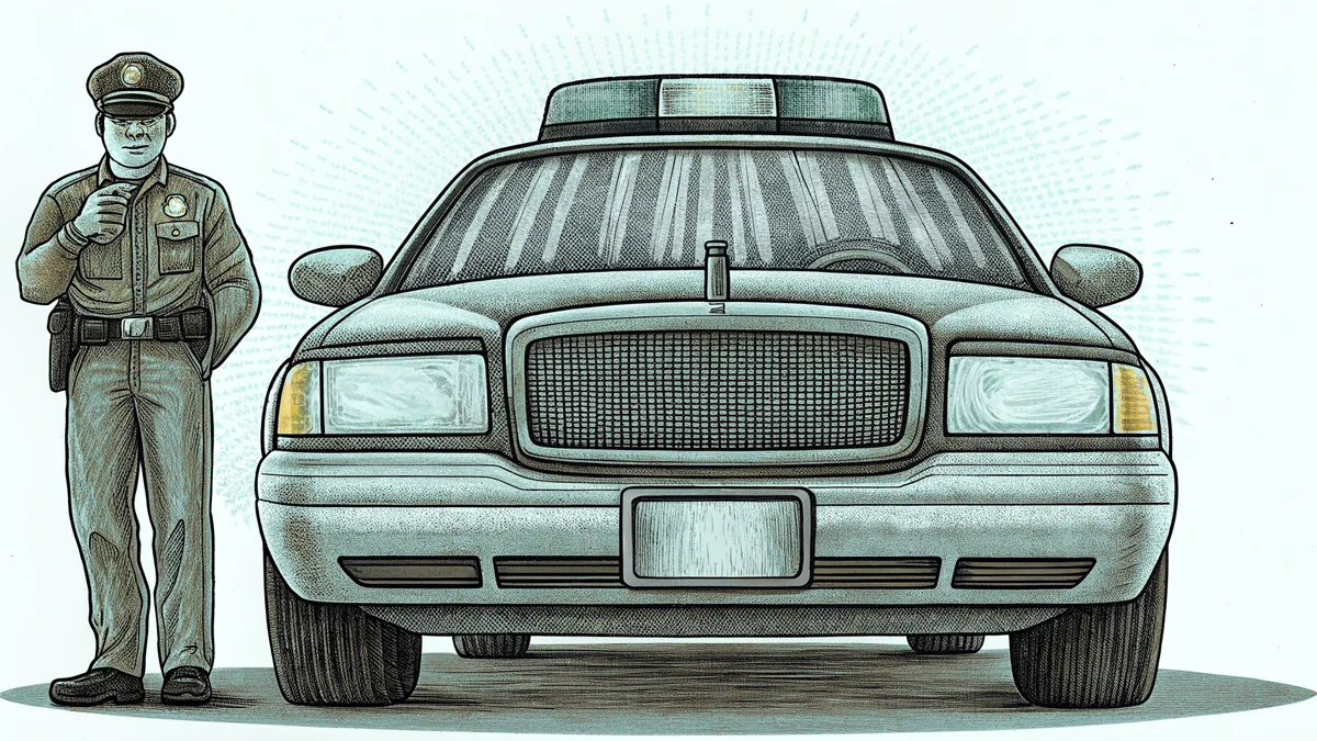 A patrol car with activated emergency lights and a uniformed police officer.