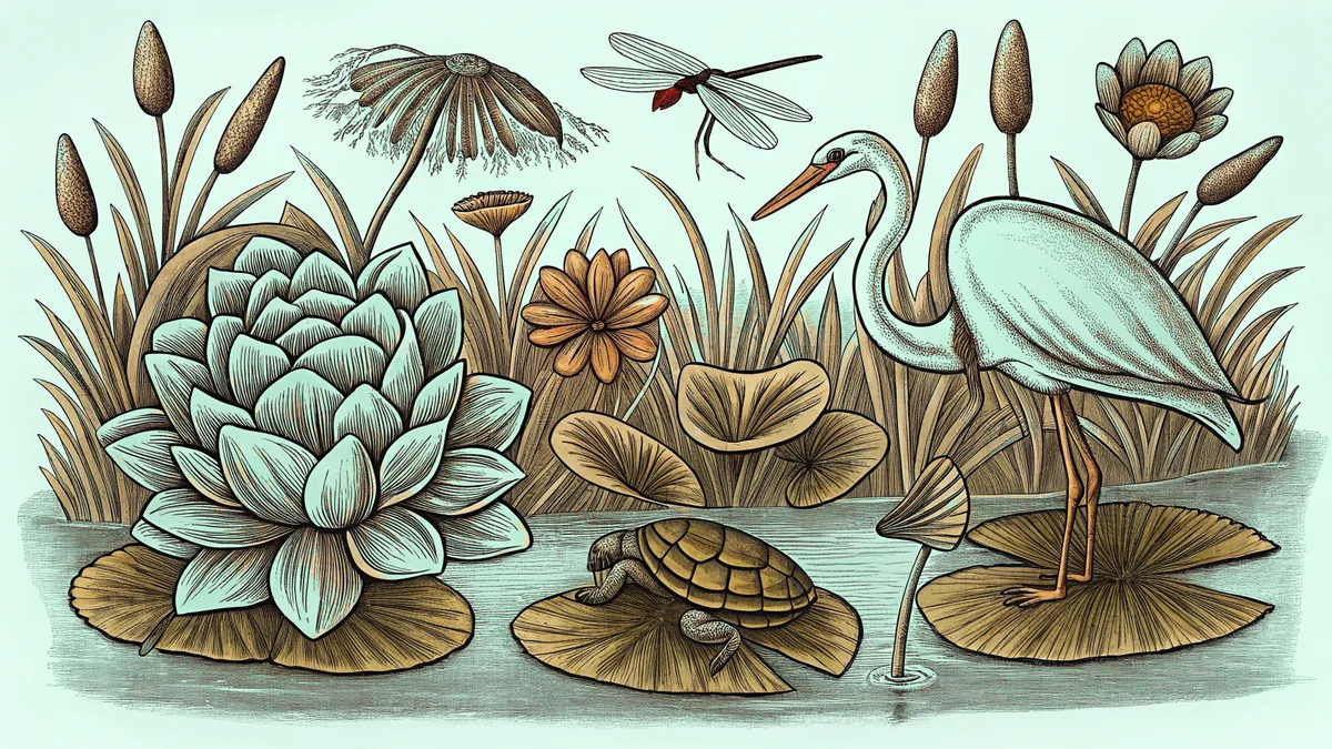 Pond ecosystem teeming with aquatic plants, insects, wading birds, and amphibians.