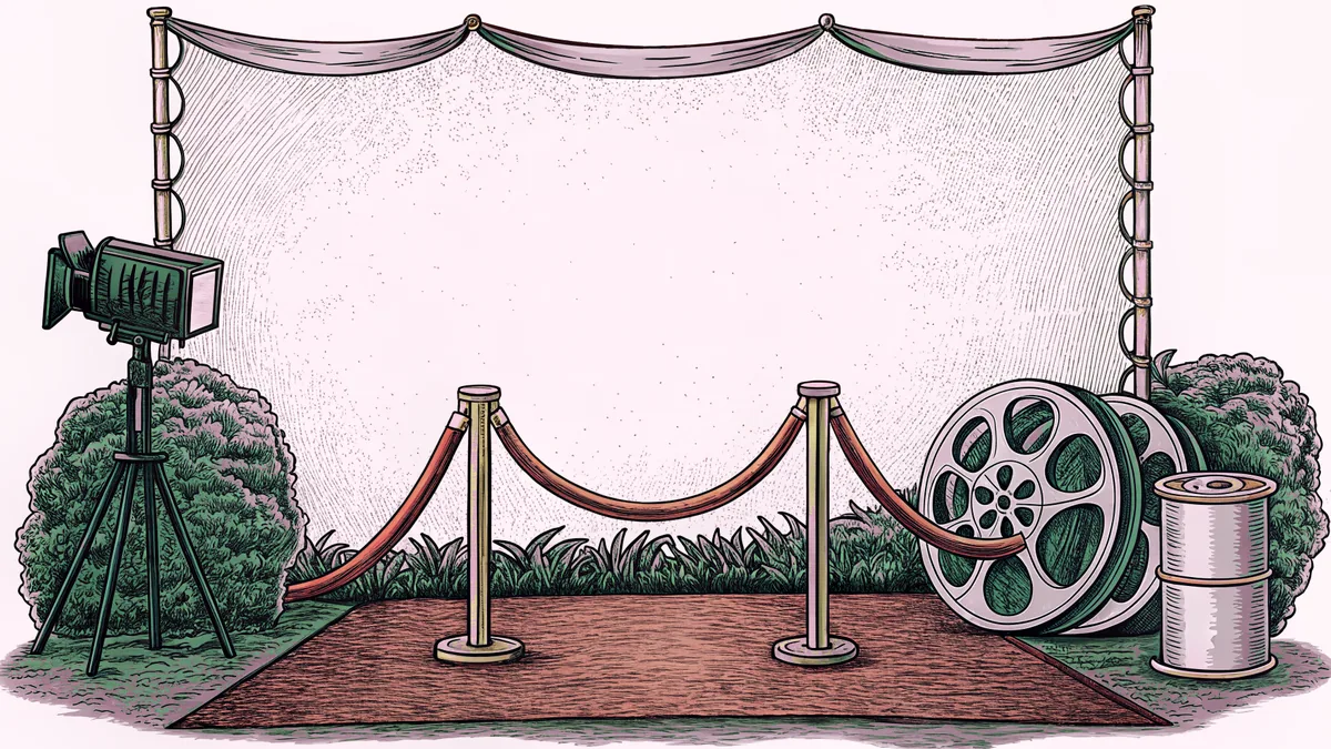A camera flashes beside a red carpet rope and a coiled reel of film.
