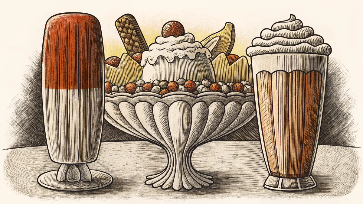 A melting rainbow popsicle rests beside a towering banana split sundae.