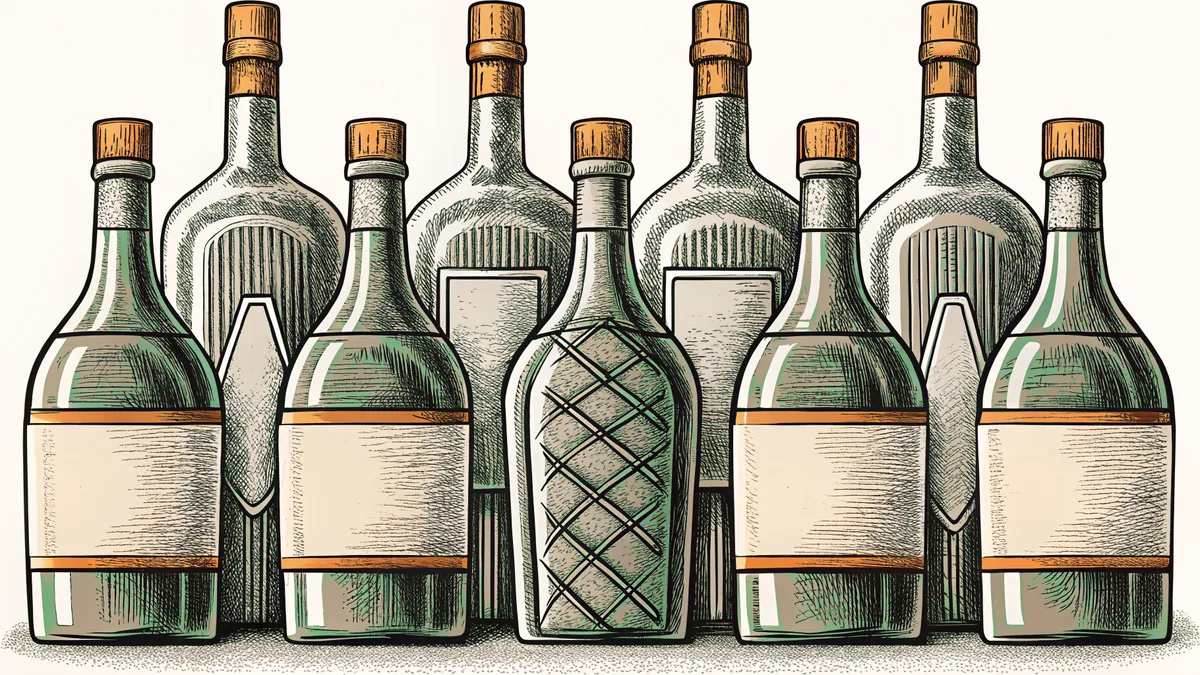 An assortment of liquor bottles arranged behind a polished wooden bar.
