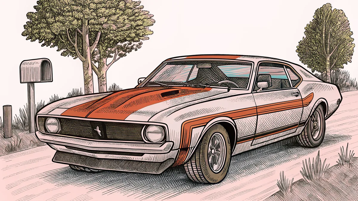A classic muscle car with bold racing stripes cruises on a country road beside a rustic mailbox.
