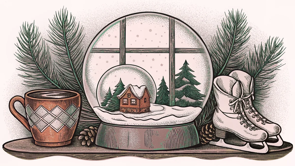 A snow globe and ice skates rest on a cozy windowsill with a warm beverage.