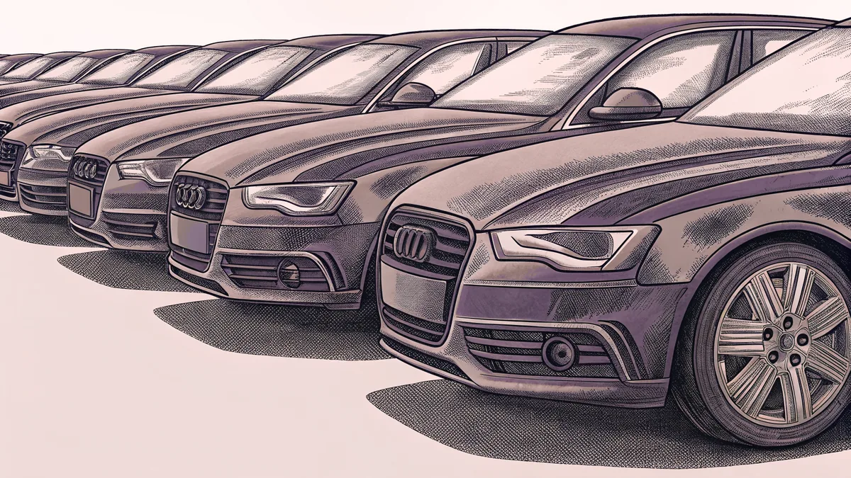 A row of modern sedans and sports cars displayed on a car dealership lot.