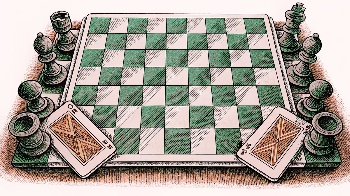 A wooden chessboard with carved pieces sits beside a deck of cards on a polished table.