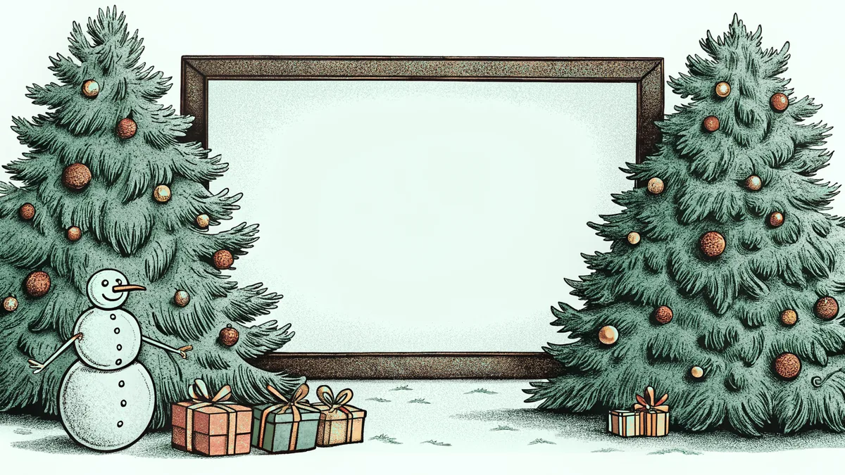 A twinkling Christmas tree surrounded by a snowman and gift-wrapped presents.