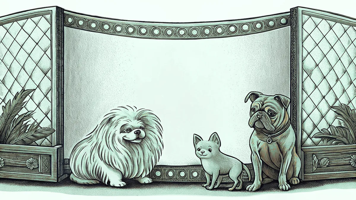 Various dog breeds playing together including a bulldog, pomeranian, and chihuahua.