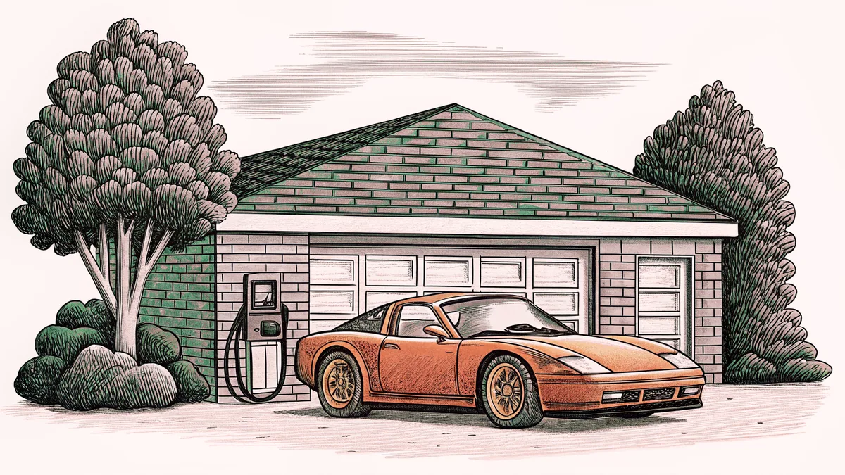A luxury sports car sits beside a brick garage with a retro fuel pump standing at the entrance.