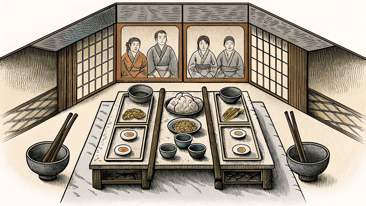 Japanese dishes including sushi and ramen on porcelain.
