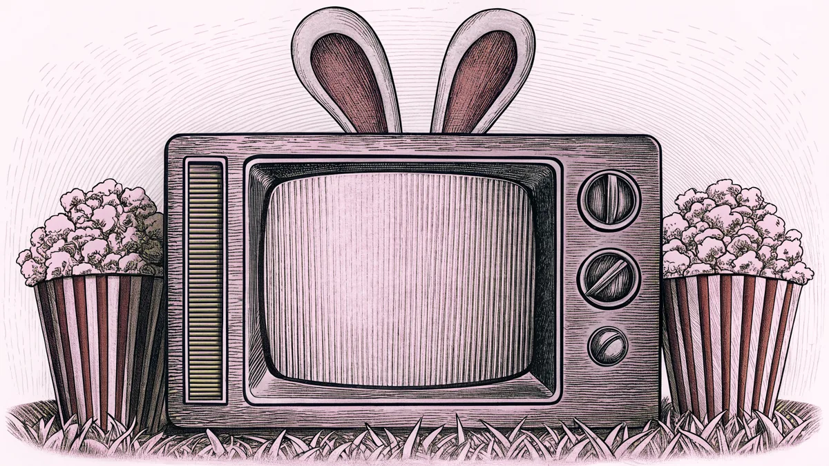A boxy television set with rabbit-ear antennae sits beside a popcorn box.