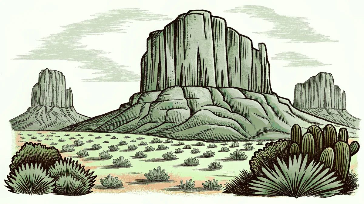 Red rock formations pierce a vast desert valley at sunset.