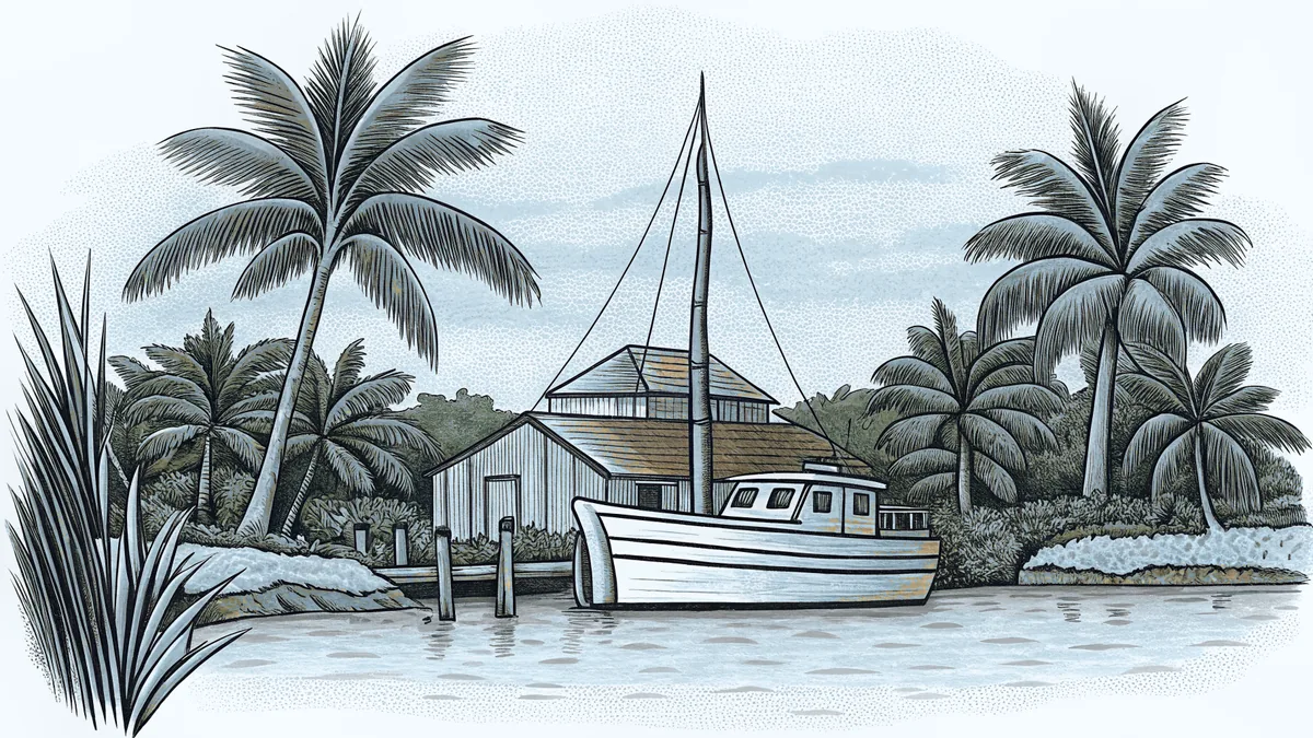 A sailfish leaps from waters near a marina with mangrove islands and palm trees