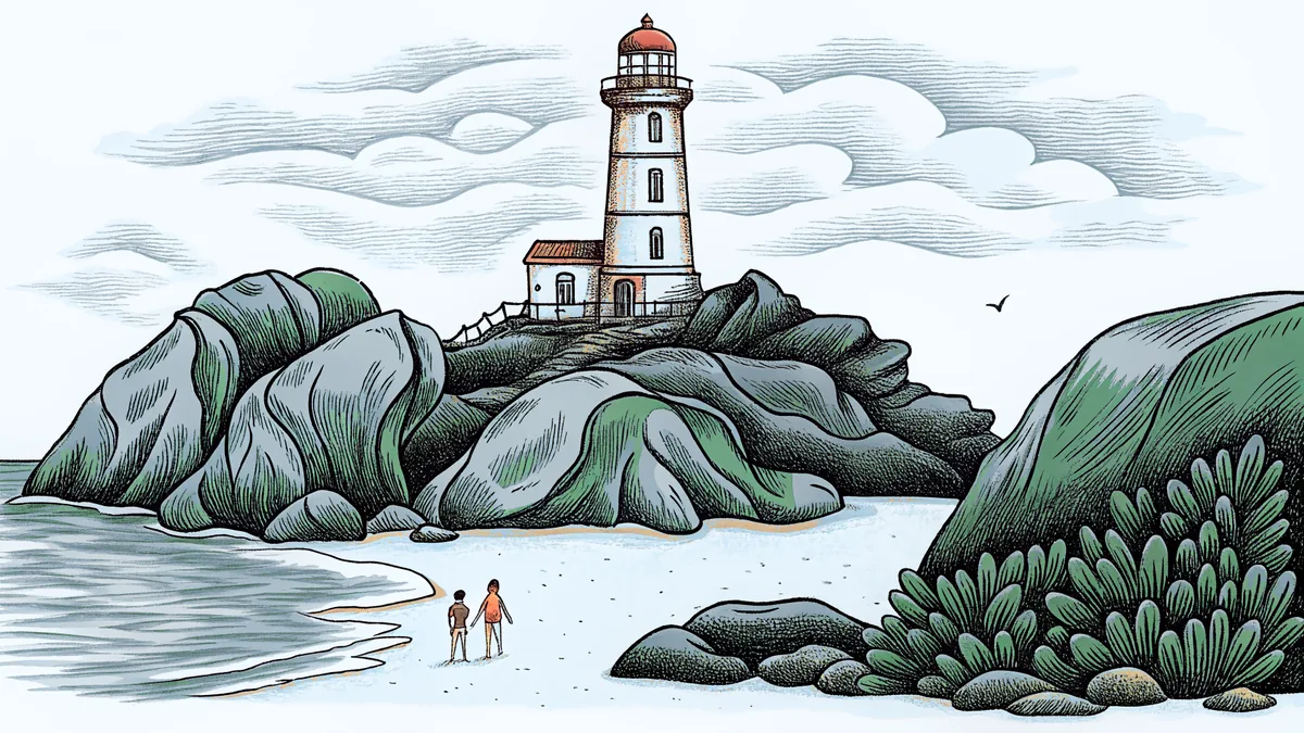 A coastal lighthouse guides ships past rocky shores and a sandy beach