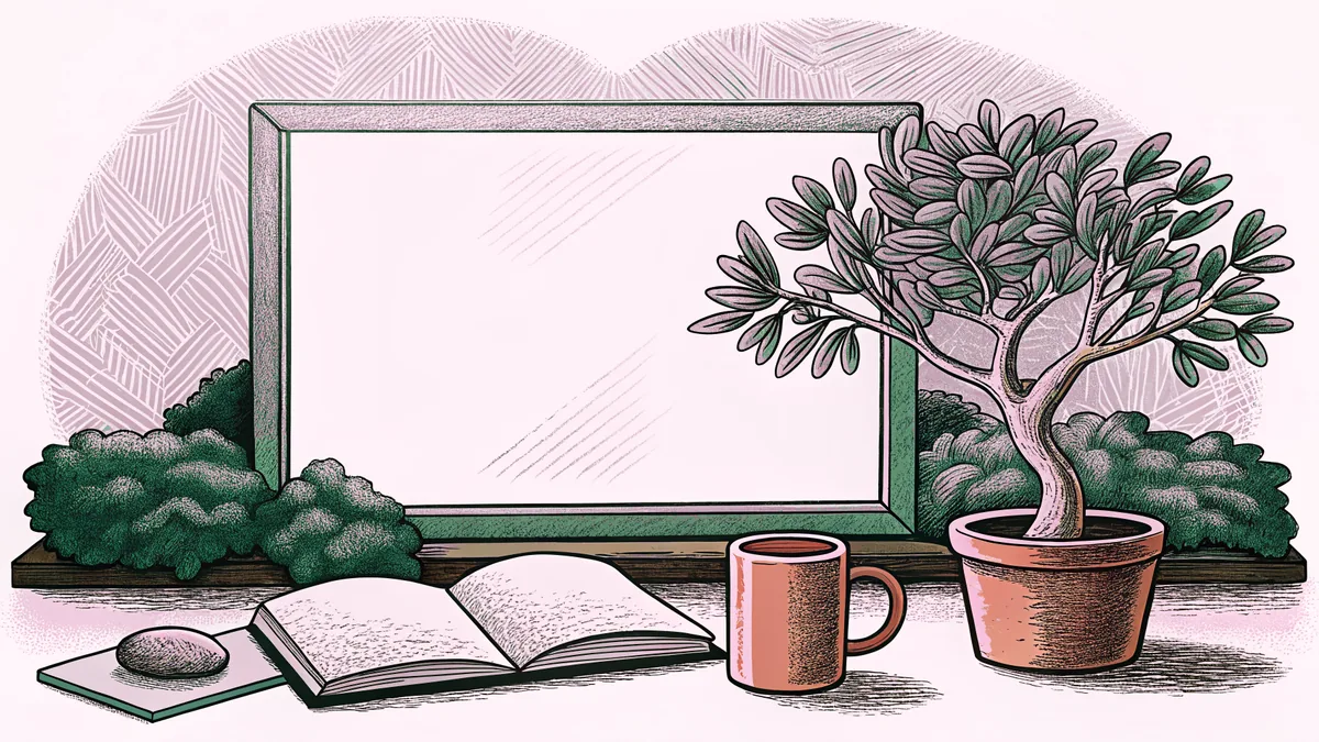 A sunlit desk corner holds a small potted seedling, a smooth stone and a warm mug.