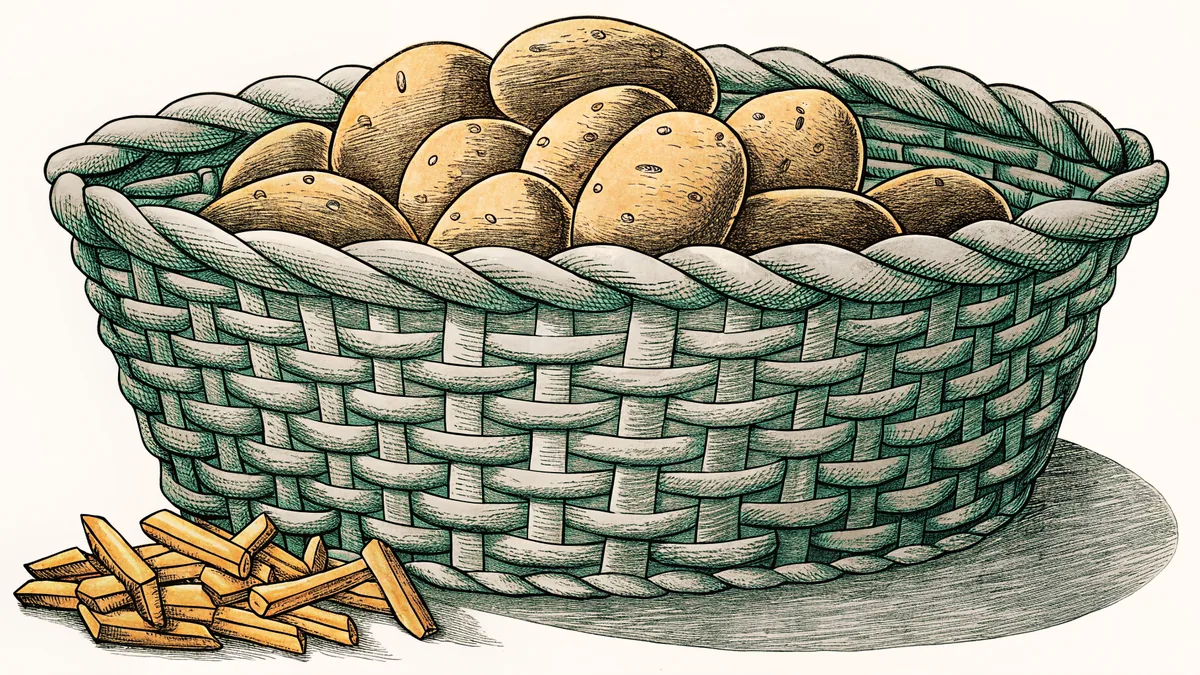 A wicker basket of russet potatoes beside a pile of golden fries and crispy wedges.