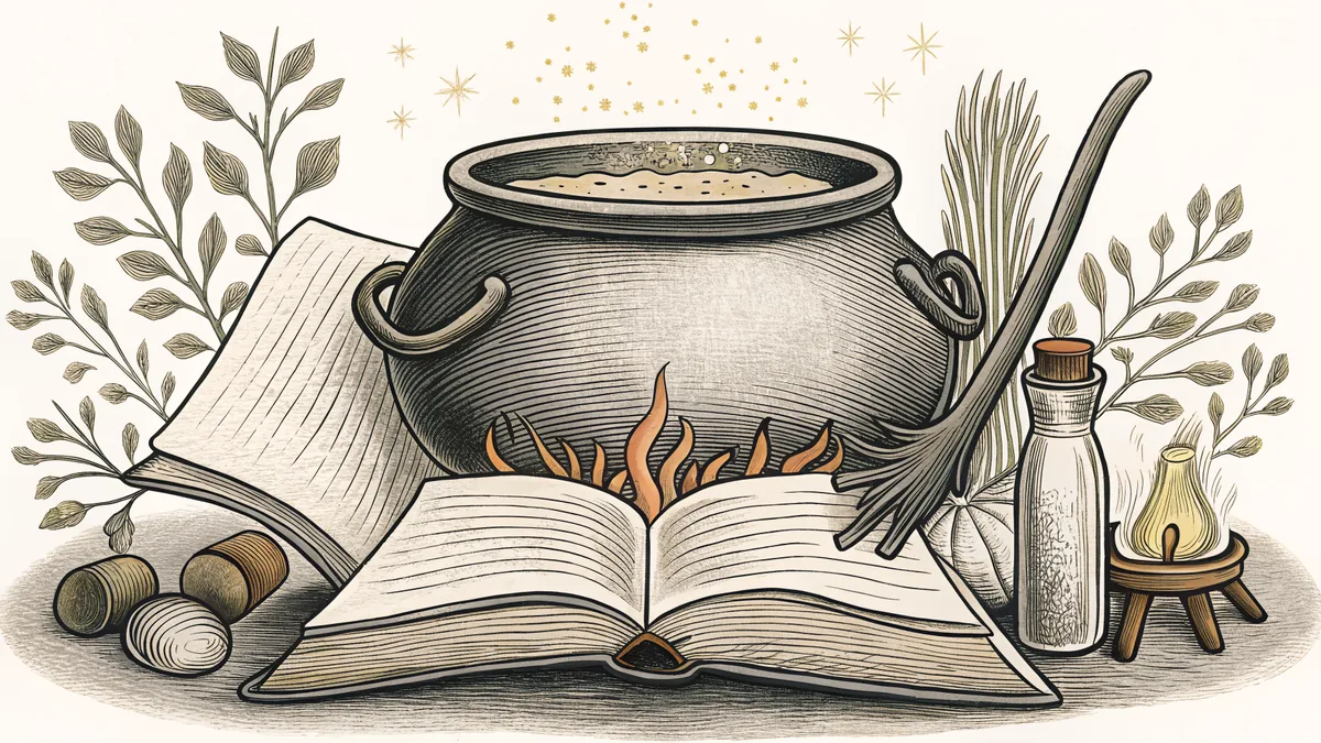 A witch's potion-brewing station with bubbling cauldrons and magical ingredients.