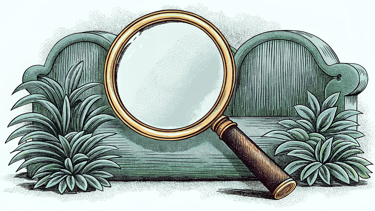 A magnifying glass rests on a blank card next to a wooden pencil cup.