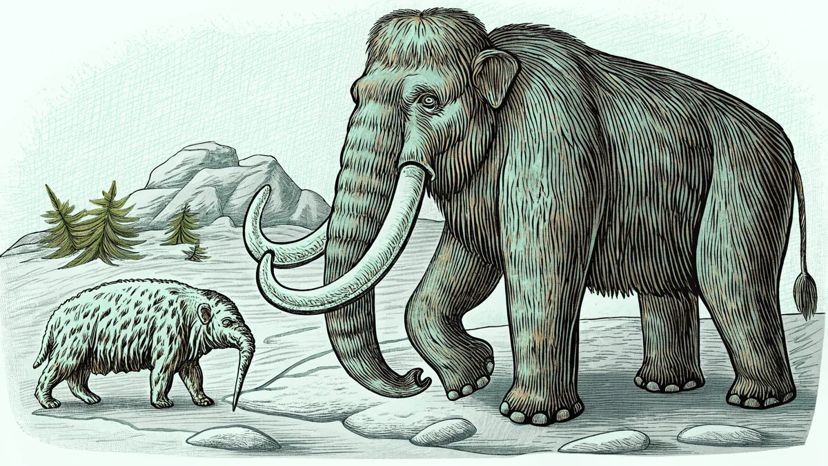 A saber-toothed cat prowls near a towering woolly mammoth in an ice age landscape.