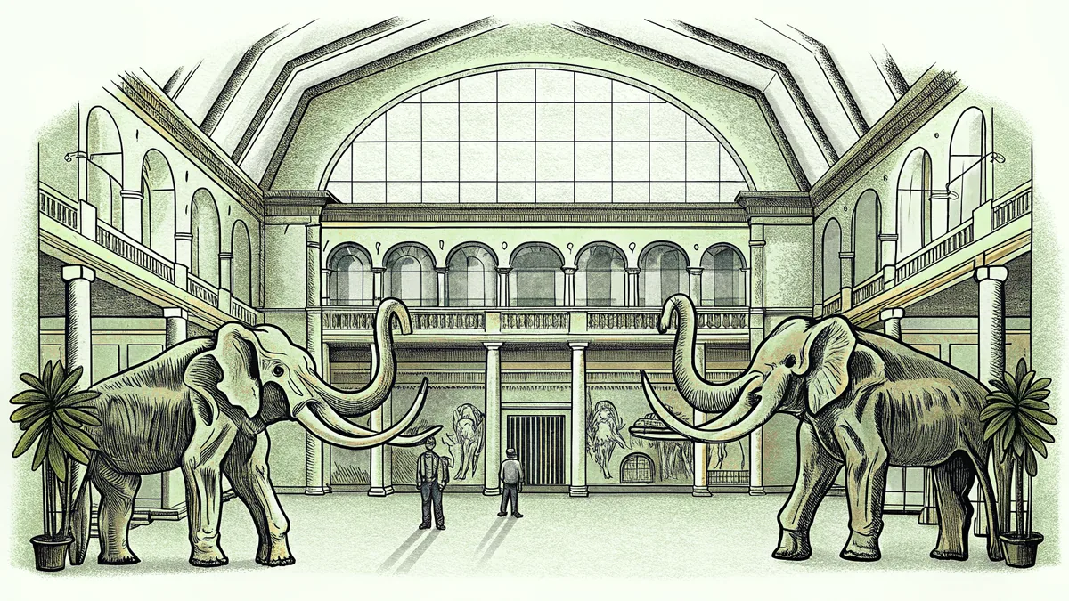 Prehistoric mammal skeleton models displayed in a museum.