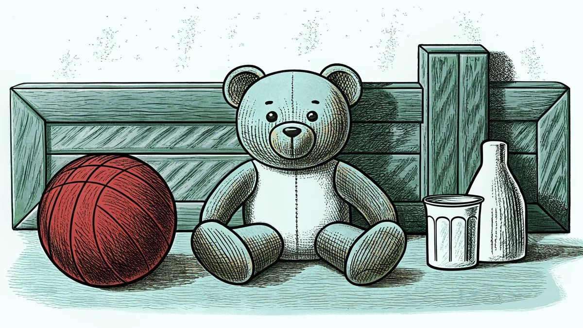 A playroom floor with a teddy bear, a red ball, a small shoe and a cup of milk.