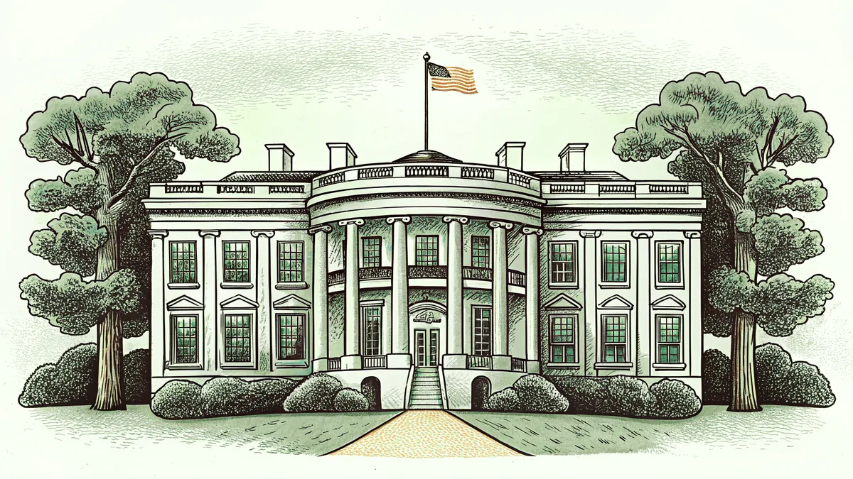 The White House stands proud with patriotic flags waving above.