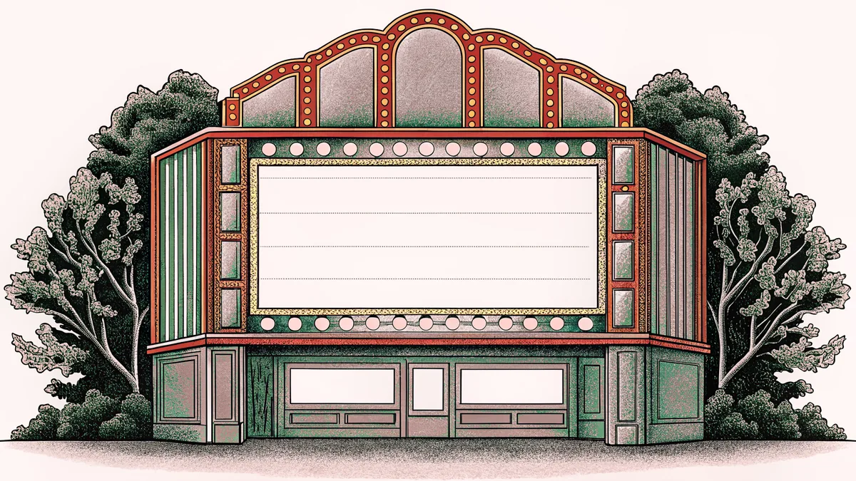 An elegant theater marquee and unmarked ticket booth are lit by warm cinema lobby lighting.