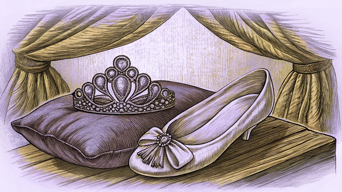A jewelled tiara resting on a tufted velvet cushion, with a satin slipper on the shelf in front of it.