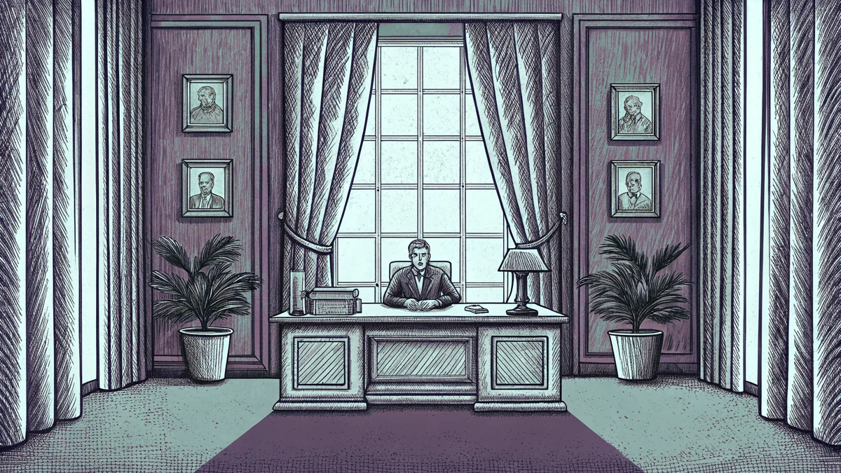 A professional desk with plants and framed awards represents sound management principles.