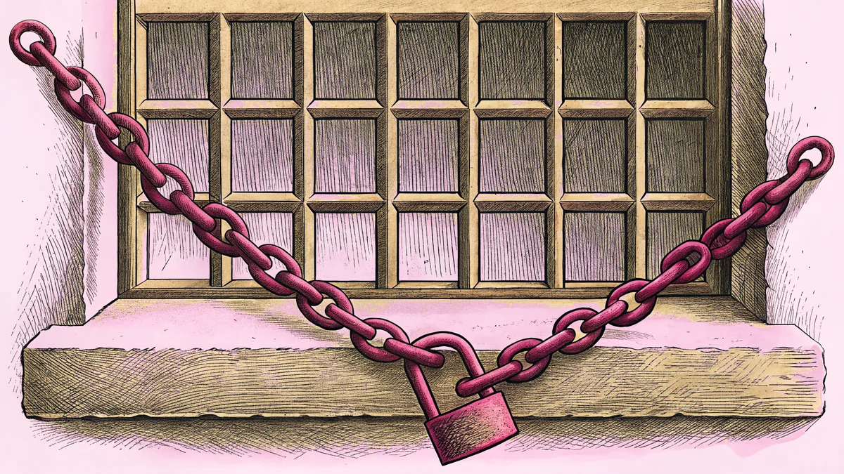 Heavy chains and a padlock rest against cold concrete and steel prison bars.